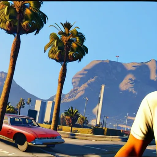 Image similar to george clooney in gta v. los santos in background, palm trees in the art style of stephen bliss