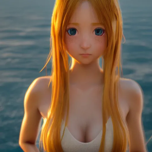 Image similar to Render of a very beautiful 3d anime girl, long hair, hazel eyes, cute freckles, full round face, short smile, cute, golden hour, serene beach setting, medium shot, mid-shot, highly detailed, trending on Artstation, Unreal Engine 4k