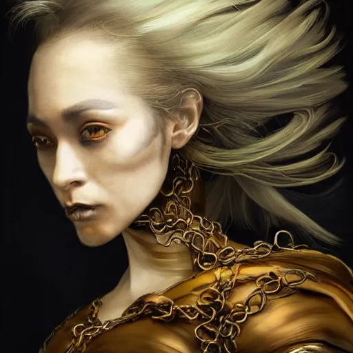 Image similar to portrait of a Shibari rope wrapped face and neck, headshot, insanely nice professional hair style, dramatic hair color, digital painting, of a old 15th century, old cyborg merchant, amber jewels, baroque, ornate clothing, scifi, realistic, hyperdetailed, chiaroscuro, concept art, art by Franz Hals and Jon Foster and Ayami Kojima and Amano and Karol Bak,