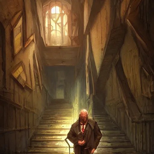 Image similar to My Favorite Portrait of a lawyer genius academician wearing a grimoire in his holding hand whilst wearing a vest of scholarship Greg Rutkowski Marc Simonetti Anato finnstark Brooklyn New York Hidden Stairway Hidden Alcove Visible Alleyway 4k Artstation Background Wallpaper 1080p