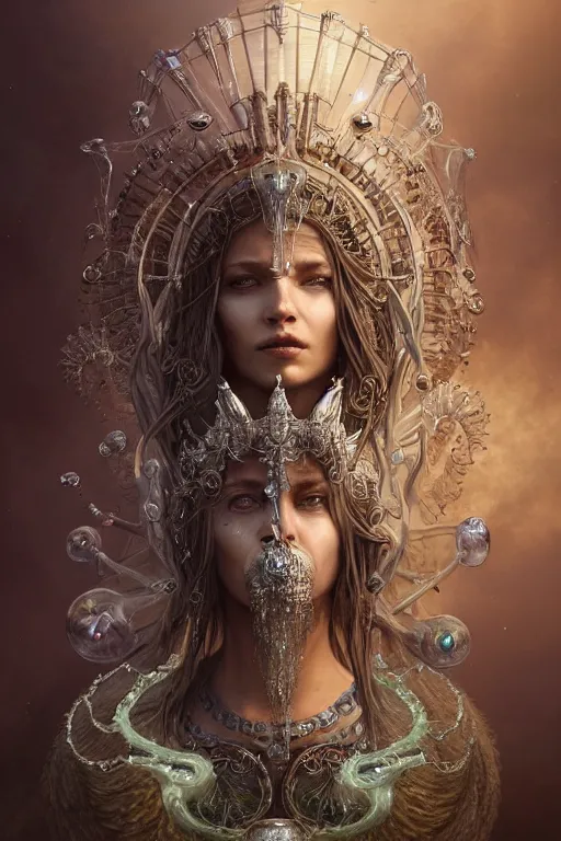 Image similar to a centered render of a wild post apocalyptic goddess with wearing ornate silver and gemstones and crystal clothing surrounded by flowing liquid gallium jellyfish and sacred geometry, perfect body and face, gorgeous, cinematic, beautifully lit, by tomasz alen kopera and peter mohrbacher and craig mullins, 3 d, trending on artstation, octane render, 8 k