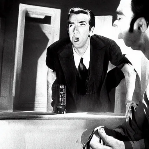 Image similar to scene from the horror picture show with james stewart!!!! james stewart!!!! is acting surprised and holds a revolver