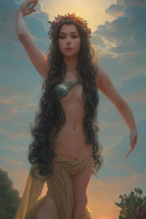 Image similar to goddess of the summer twilight, highly detailed, digital painting, artstation, concept art, smooth, sharp focus, illustration, unreal engine 5, 8 k, art by artgerm and greg rutkowski and edgar maxence