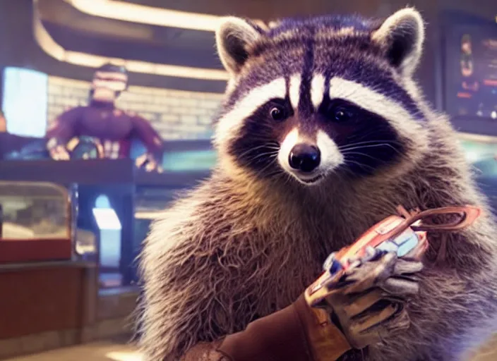 Image similar to film still of Rocket Racoon working at McDonald's in the new Avengers movie, 4k