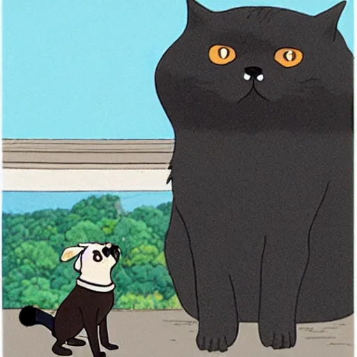 Image similar to a black cat and pug dog who are in love and hold hands while looking out over a city, Miyazaki, studio ghibli