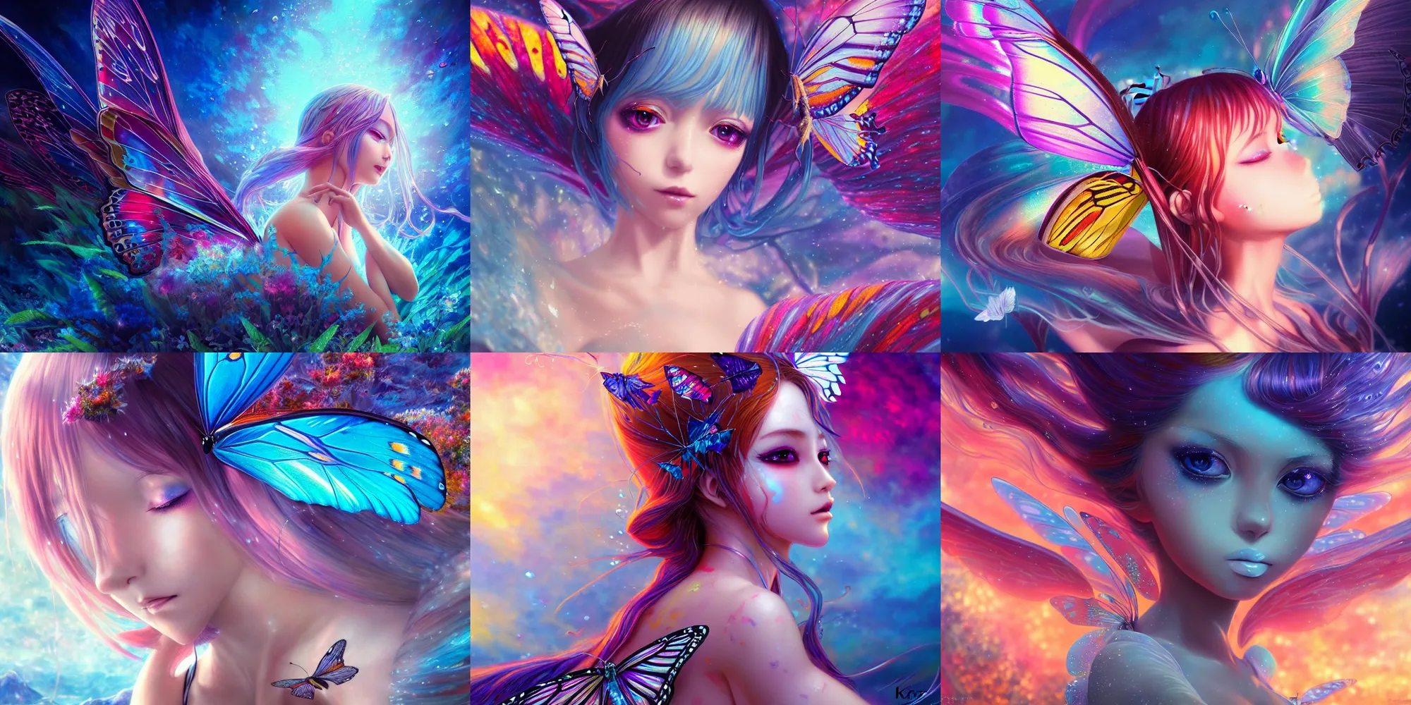 Prompt: ultra detailed illustration of a butterfly anime girl made out of liquid chrome, melting face, lost in a dreamy fairy landscape, by , Karol Bak, colorfull, vivid colors, 8k, anime vibes, octane render, uplifting, magical composition, artstation