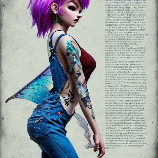 Image similar to full body pose, beautiful adult fairy, pixar, short white hair shaved sides, dirty, grungy, grunge, long sleeve, painted overalls, stacks of giant books, highly detailed, 4 k, hdr, smooth, sharp focus, high resolution, award - winning photo, artgerm, photorealistic