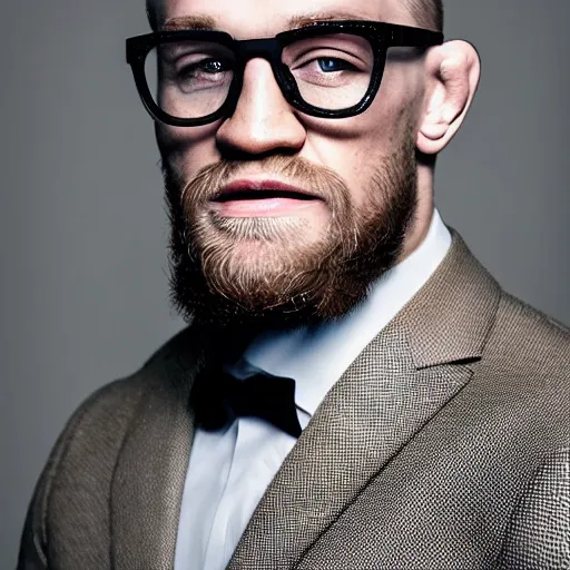 Prompt: a color studio portrait of Conor McGregor wearing glasses, f/1.4, 90mm, extraodinary masterpiece!!!!!!