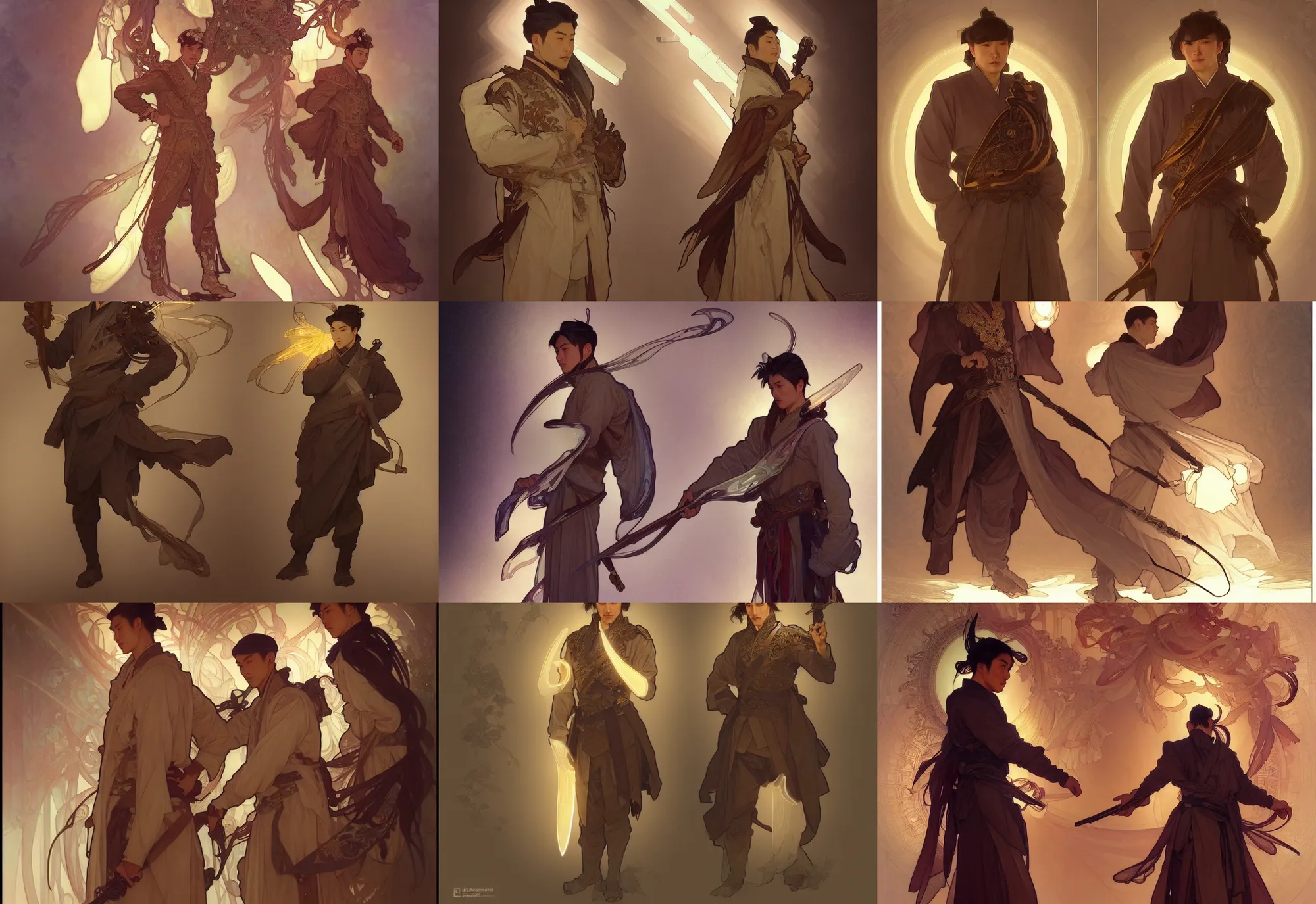 Prompt: a digital concept ar by artgerm and greg rutkowski and alphonse mucha. full body!! t pose!! clear portrait of a lonely attractive elder man in uniform of tang dynasty!! tang dynasty weapon, light effect. hyper detailed, character concept, glowing lights!! intricate, elegant, digital painting, artstation, smooth, sharp focus