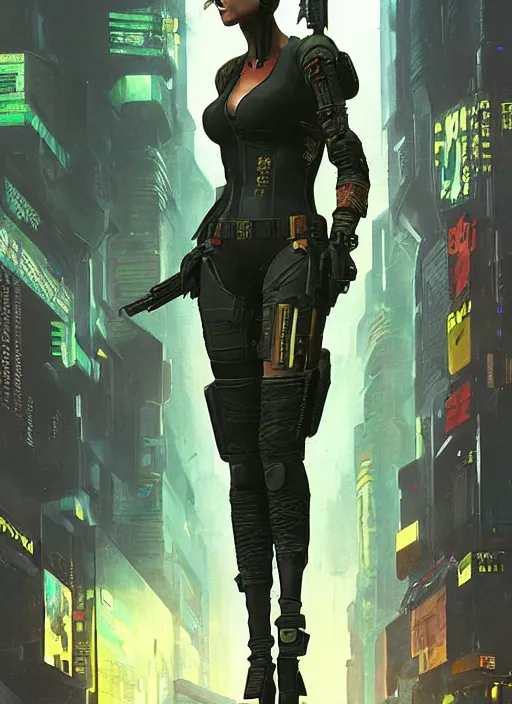 Image similar to Ela. Cyberpunk mercenary in tactical gear infiltrating corporate mainframe. (Cyberpunk 2077), blade runner 2049, (matrix) Concept art by James Gurney, greg rutkowski, Craig Mullins and Alphonso Mucha. Stylized painting with Vivid color.