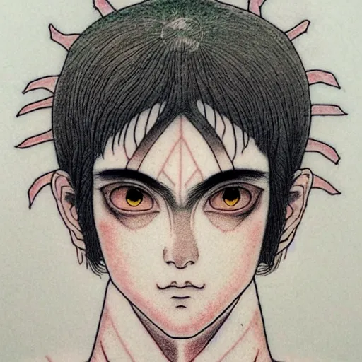 Image similar to prompt: Fragile looking character soft light portrait face drawn by Takato Yamamoto and Katsuhiro Otomo, tattooed face, inspired by Akira 1988 anime, alchemical objects on the side, soft light, intricate detail, intricate gouache painting detail, sharp high detail, manga and anime 2010