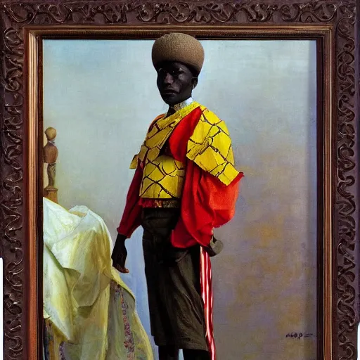 Prompt: portrait of king of dahomey outdoors dressed in airy clothing, 1905, brightly coloured oil on canvas, by abram efimovich arkhipov