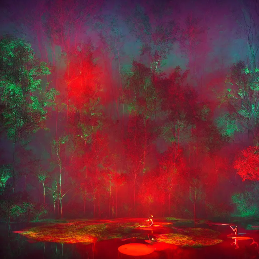 Image similar to rave in the red pond at night, light art, epic composition, by benoit paille, hd, octane, volumetric lighting, masterpiece,