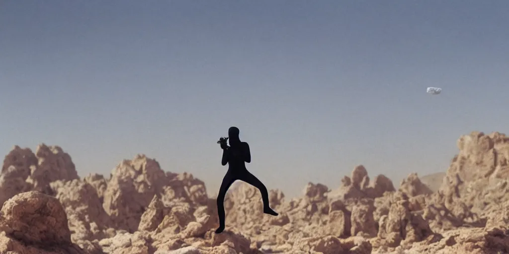 Prompt: levitating grey ghost veiled silhouette with full - face golden glowing bright reflective mask in a dry rocky desert landscape, visible sky and sunny atmosphere, floating rocks, flying rocks and fata morgana and giant mirrors by alejandro jodorowsky, anamorphic lens, kodakchrome, practical effects, masterpiece, 8 k