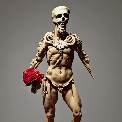 Image similar to a man in the form of a Greek sculpture with a mask in the form of a skull and wreath of flowers skulls in hands dressed in a biomechanical dress, red white and gold color scheme, baroque, by Michelangelo