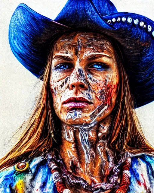 Prompt: acrylic portrait of scarred cowgirl, high production value, intricate details, high resolution, hdr, high definition, masterpiece, realistic, ultrarealistic, highly detailed, hd, sharp focus, non blurry, sharp, smooth