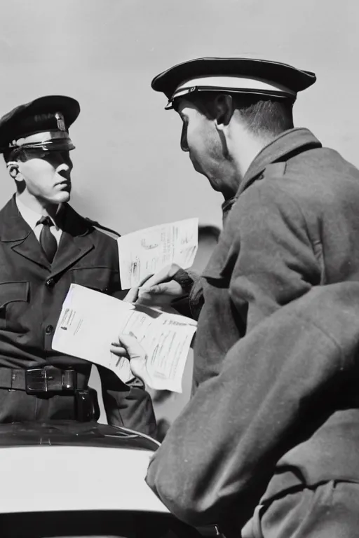 Image similar to a 1 9 5 0 s police officer issuing a ticket on a car