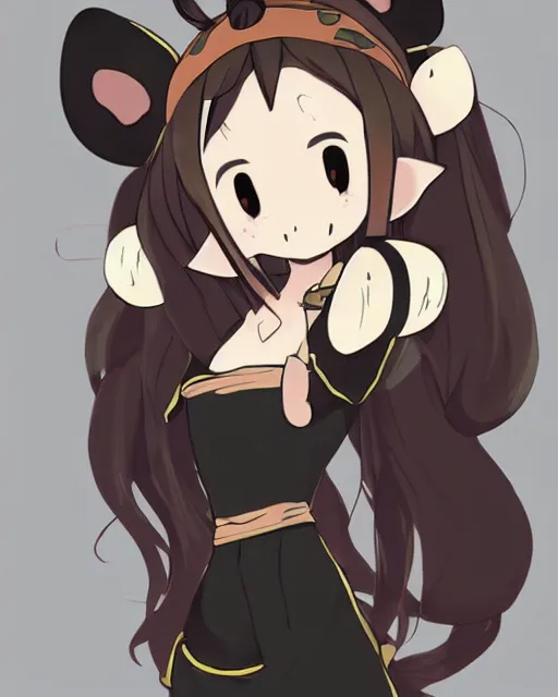 Image similar to A cute wakfu-style frontal painting of a very very beautiful anime skinny mousegirl with long wavy brown colored hair and small mouse ears on top of her head wearing a cute black dress and black shoes looking at the viewer, elegant, delicate, feminine, soft lines, higly detailed, smooth , pixiv art, ArtStation, artgem, art by alphonse mucha Gil Elvgren and Greg rutkowski, high quality, digital illustration, concept art, very long shot