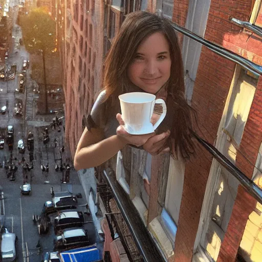 Prompt: “ top view of a girl holding a cup of coffee sitting on a fire escape overlooking the east village in new york city, morning light, by daniel gerhartz ”