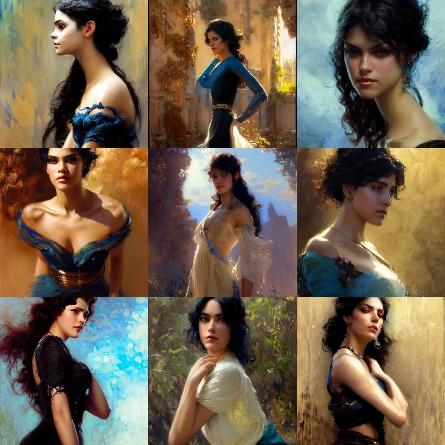 Prompt: detailed cinematic wide shot of beautiful attractive young latina woman black clothes black hair slim face symettrical face clean skin blue eyes black clothes, ultra realistic, spring light, painting by gaston bussiere, craig mullins, j. c. leyendecker