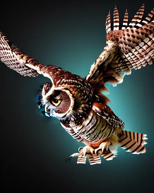 Image similar to an extremely detailed masterpiece photo of a western screech - owl in flight, in the style of brian froud, brian despain, brian bolland, digital art, unreal engine, volumetric lighting, dark moody lighting, trending on artstation, photorealistic, epic scene