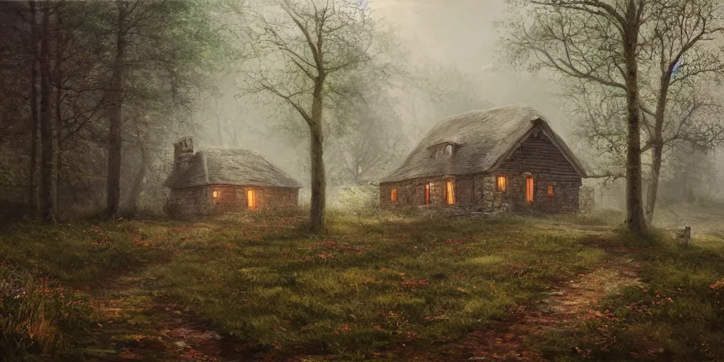 Image similar to a painting of a cottage in the woods and empty woods, 8k, fantasy, hyper realistic, atmospheric, cinematic