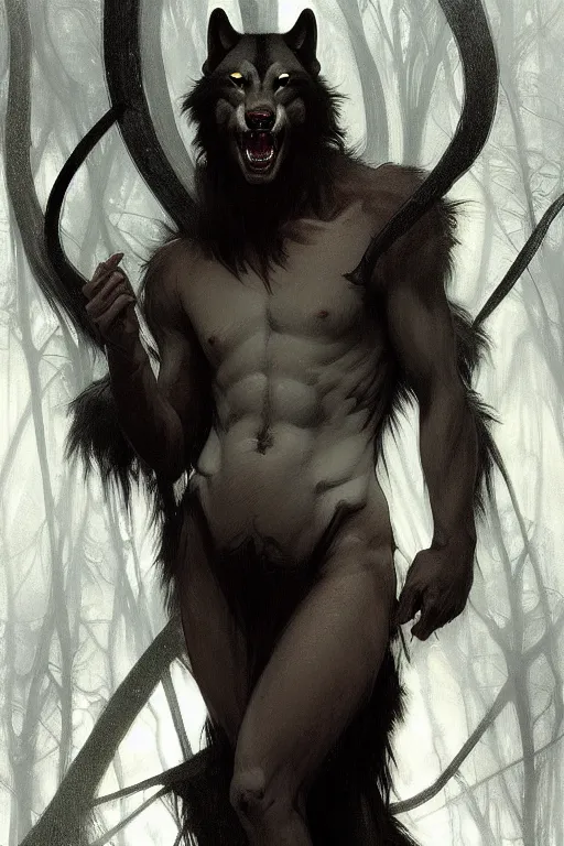 Image similar to full figure beautiful young fit antrophomorphic male wolf, bared teeth and long claws, dark scene, by greg rutkowski and alphonse mucha, d & d character, gradient black to silver, in a forest at night, highly detailed portrait, digital painting, artstation, concept art, smooth, sharp focus illustration, artstation hq