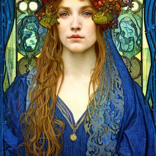 Image similar to detailed realistic beautiful young medieval queen face portrait by jean delville, alphonse mucha, vincent van gogh, and marco mazzoni, art nouveau, symbolist, visionary, gothic, pre - raphaelite