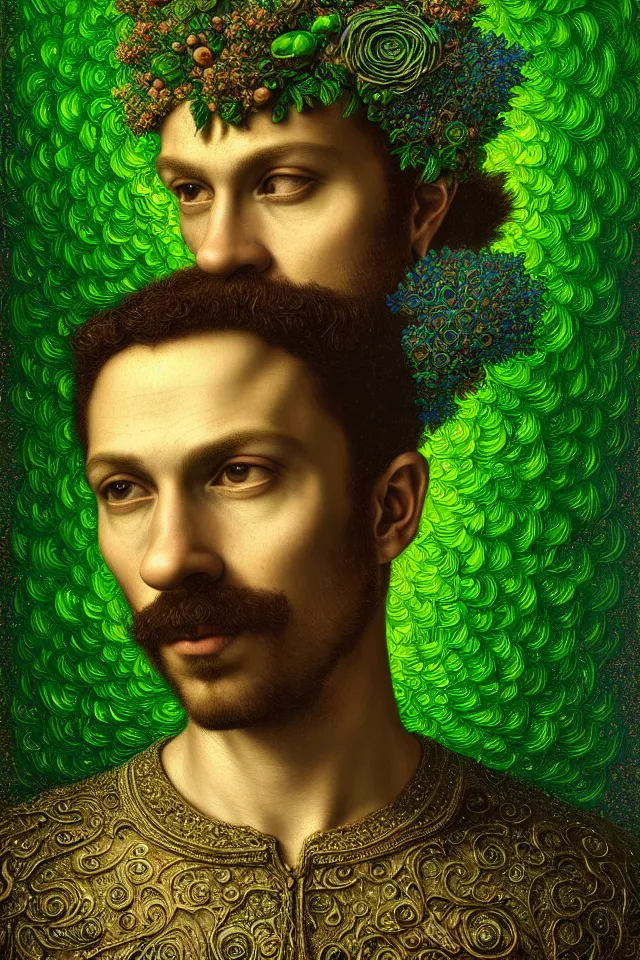 Image similar to bizarre green detailed renaissance portrait of mario as a highly detailed realistic real life person, dramatic cinematic lighting, 8 k, beautiful intricate painting by james r eads and tomasz alen kopera