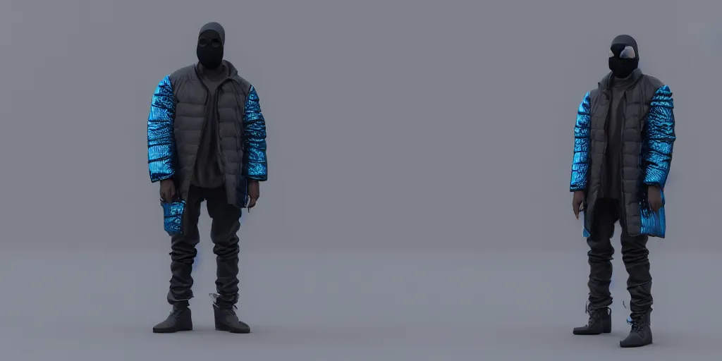 Image similar to kanye west using a full face covering black mask, a small, tight, undersized reflective bright blue round puffer jacket made of nylon, jeans pants and big black balenciaga rubber boots in 3 d, blender, octane render, 3 d render, realistic, unreal engine, trending on sketchfab, studio light, 4 k, 8 k