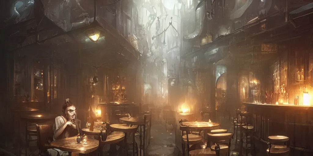 Image similar to dark drinking establishment by bastien lecouffe - deharme and charles bowater, greg rutkowski, bar, pub, adventure game, inspired by diablo concept art