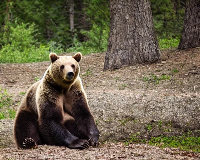 Prompt: a grizzly bear sitting in a couch in the woods. Tame funny bear sits like a human, outdoor furniture, large animal in a couch, professional photo, natural lighting, 4K, Nikon D750 photo, f/22, 35mm