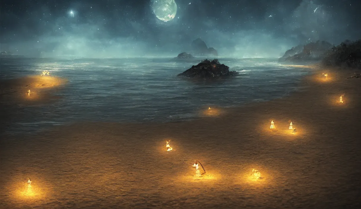 Image similar to beach at night, stars, torches, fireflies, bioluminescence, fire, fog, insane details, intricate, elite, ornate, elegant trend, highly detailed and intricate, sharp focus, photography, unreal engine, trending on artstation, photorealistic, octane, hyper detailed, trending on deviantart,