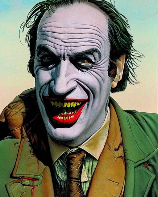 Image similar to portrait of saul goodman as the joker, illustration, art by neil gaiman and peter elson, bernie wrightson