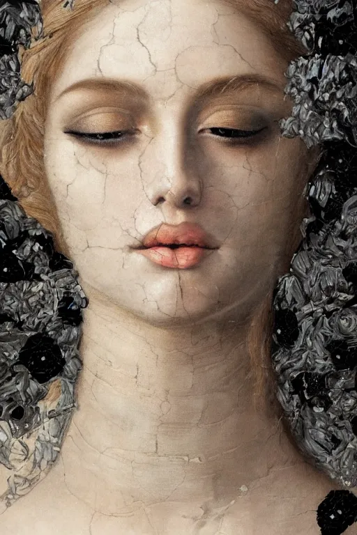 Prompt: hyperrealism close - up mythological portrait of a beautiful medieval woman's shattered face partially made of black flowers in style of classicism using the fibonacci golden ratio, pale skin, ivory make up on the eyes, wearing black silk robe, dark and dull palette