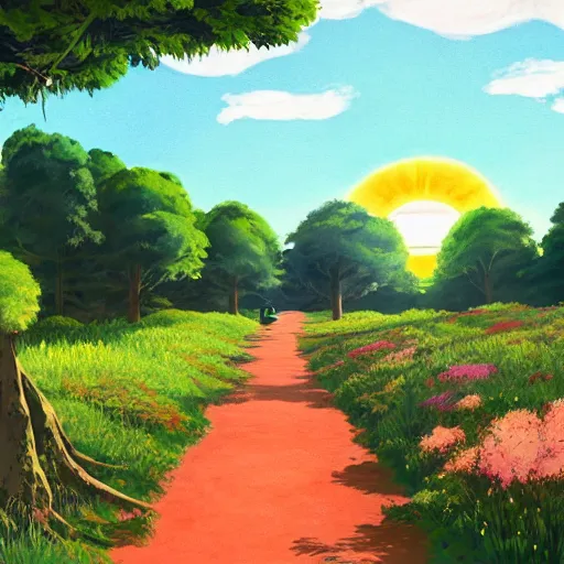Prompt: empty village runway panorama in the woods with beautiful sky and giant sun, bloom, on, painting by ghibli pixar disney ghibli gouache painting