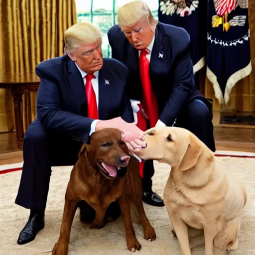 Prompt: Donald trump letting a Labrador lick his hand