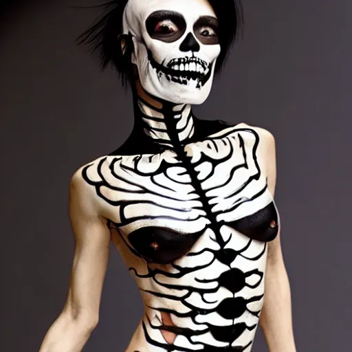 Prompt: bai ling wearing skeleton bodypaint, hyper realistic, sharp focus, 4k