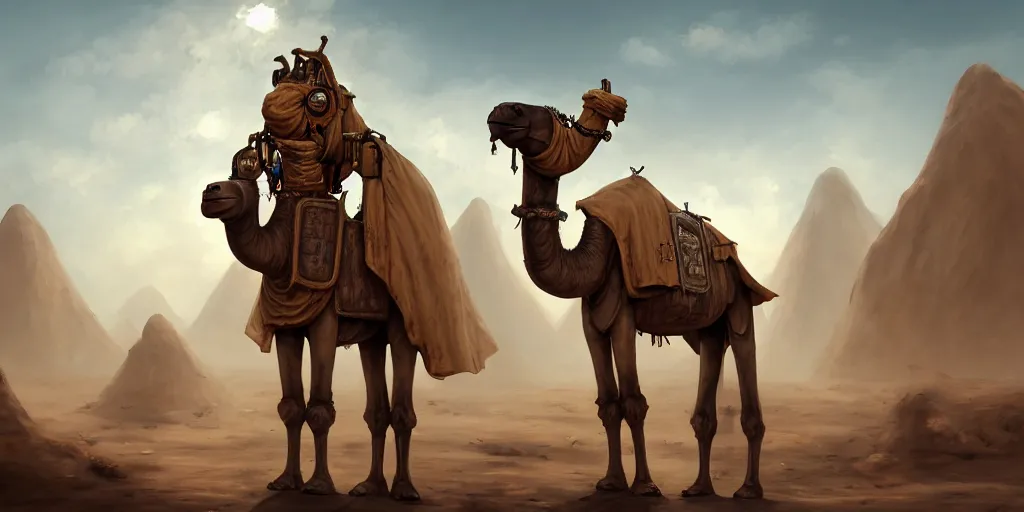 Image similar to a camel - like anthropomorphic merchant trader in a tent, chrome mechas, matte oil painting, retrofuturistic, concept art, science fantasy, mutant, lgbt, queer, rpg, epic, rusted, white salt, badlands, jungles, dungeons & dragons, sacred, sharp focus, award - winning, extremely detailed, 4 k, 8 k