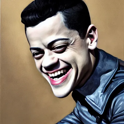 Image similar to A Hearts of Iron IV closeup portrait of a Rami Malek with bulging eyes and a huge smile, riding a tricycle. Dressed in 1980s style. Highly detailed, fine Art, high detail, great lighting, 8k resolution, masterpiece, concept art, illustration, clear eyes, painting oil on canvas, octane render, HDR, trending on artstation, 4k, 8k, HD