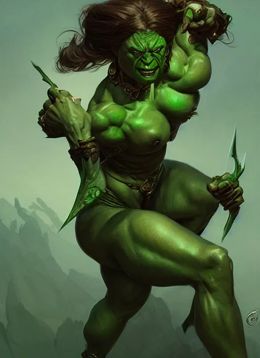 Image similar to portrait of aggressive female orc, d & d, muscular! green, fantasy, intricate, elegant, highly detailed, digital painting, artstation, concept art, smooth, sharp focus, illustration, art by artgerm and greg rutkowski and alphonse mucha