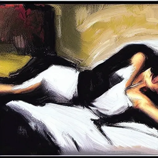 Image similar to Ground Level Shot, medium shot of a dark haired woman wearing a black dress, on a bed. by fabian perez