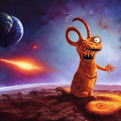 Prompt: one eldritch horror bloody garfield in space, galaxy, hd, 8 k, giant, epic, realistic photo, unreal engine, stars, prophecy, powerful, cinematic lighting, destroyed planet, debris, violent, sinister, ray tracing, dynamic, print, epic composition, dark, horrific, teeth, grotesque, scary