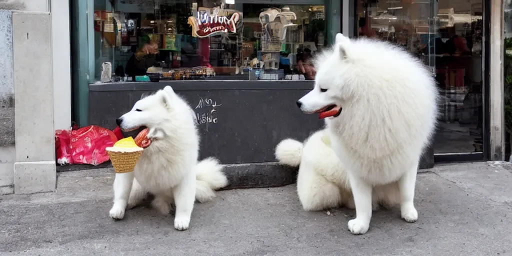 Prompt: a samoyed eating ice cream in front of a store, looks very enjoyable