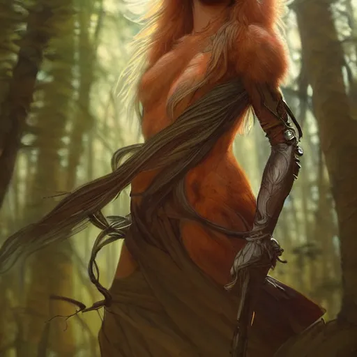 Prompt: photo of a humanoid female fox were a heroic dress an armour in the forest, long hair, highly detailed, digital painting, artstation, smooth, sharp focus, illustration, art by artgerm and greg rutkowski and alphonse mucha