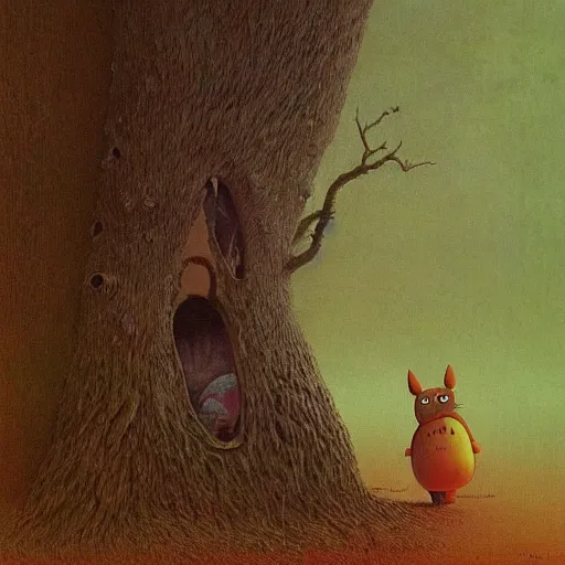 Image similar to Creepy Totoro hiding behind a tree, Studio Ghiblo, Zdzisław Beksiński