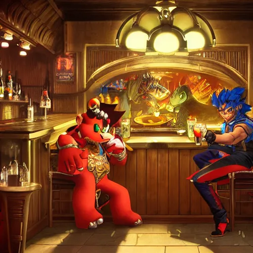 Image similar to an ultra detailed illustration of shadow the hedgehog and bowser sitting in a bar drinking beer, dive bar with a karaoke machine, volumetric lighting, 4 k, octane render, art by greg rutkowski and alphonse mucha and andreas rocha and albert bierstadt