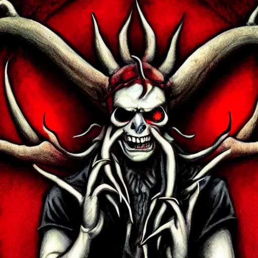 Prompt: the _ devil _ holding _ a _ skull _ red _ horns _ ominous _ fiery _ background _ symmetrical _ detailed _ face _ despair _ highly _ detailed _ high _ resolution _ sandro _ botticel