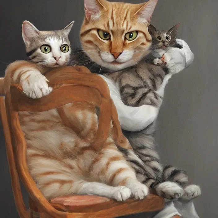 Prompt: a highly detailed painting of an animorphism cat sitting in chair petting a small bald human on his lap, 8k, trending on artstation