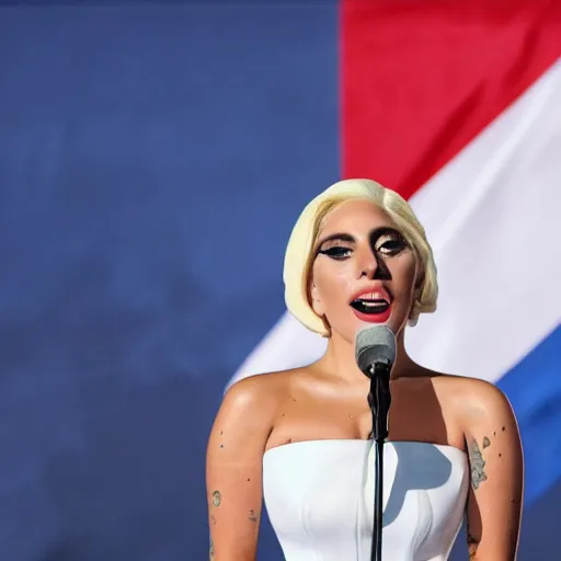 Image similar to Lady Gaga as president, Argentina presidential rally, Argentine flags behind, bokeh, giving a speech, detailed face, Argentina